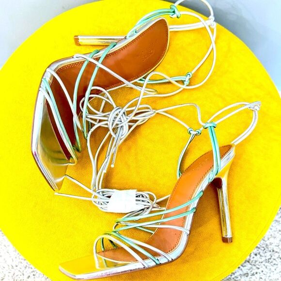 ASOS Nina Silver Mint Strappy Tie Leg Square Toe Sandal Heels Sz 8 - Picture 5 of 13